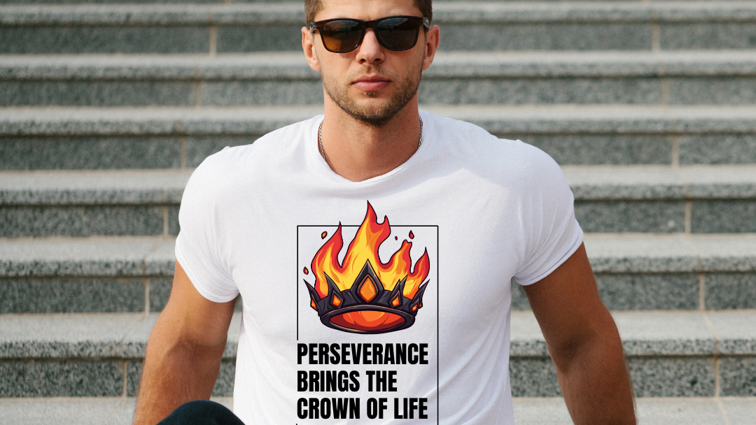 Man wearing a white bluelagoon perseverance t-shirt with a graphic design and text sitting on steps.
